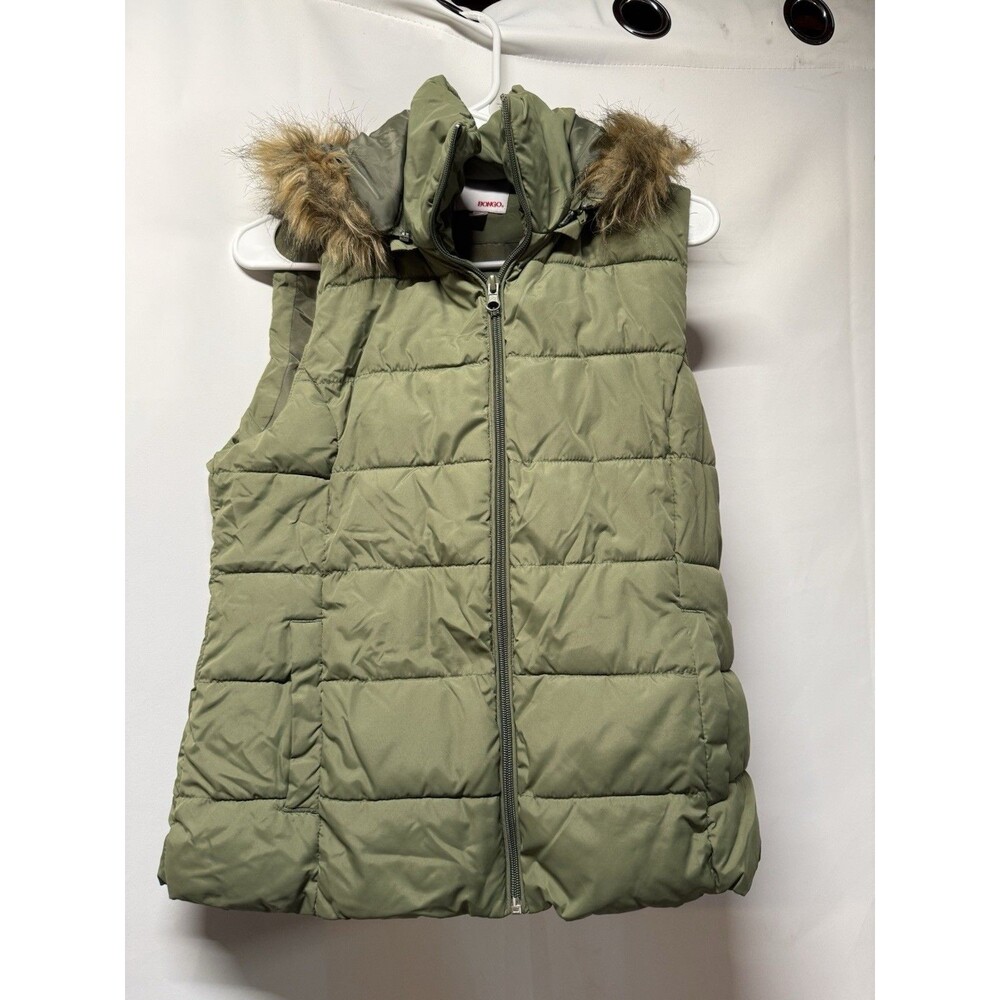 Bongo Womens Olive Green Hooded Puffer Vest Faux Fur Trim Size Medium